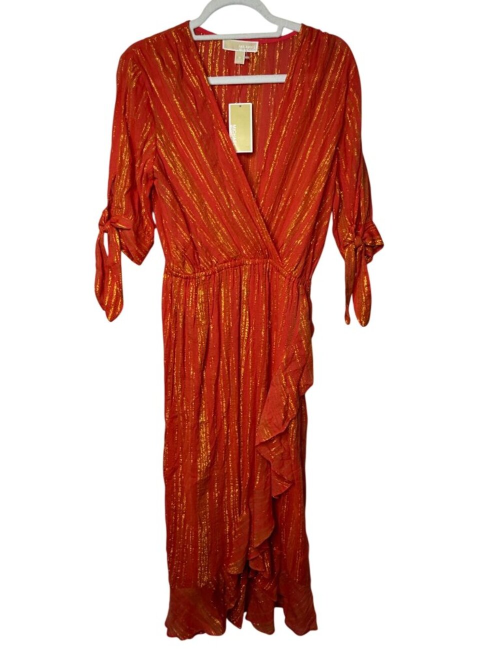 Michael Kors M Sangria Gold Metallic Ruffle Maxi Dress